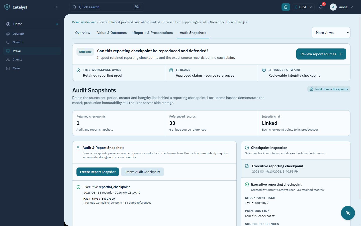 Catalyst audit snapshot showing a retained reporting checkpoint, integrity link, record count, and source references