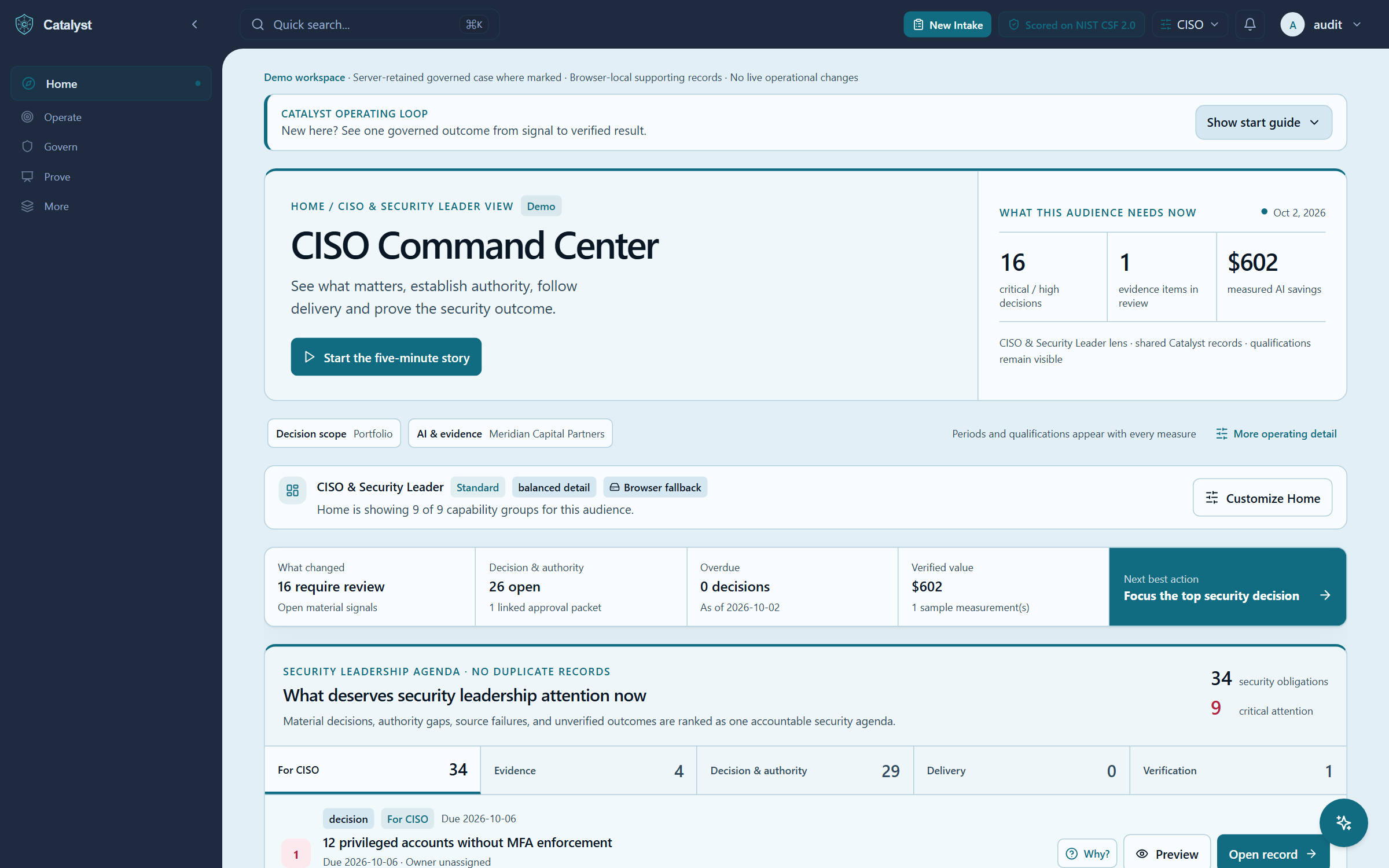 Catalyst command center showing decisions, evidence, measurable value, and next actions