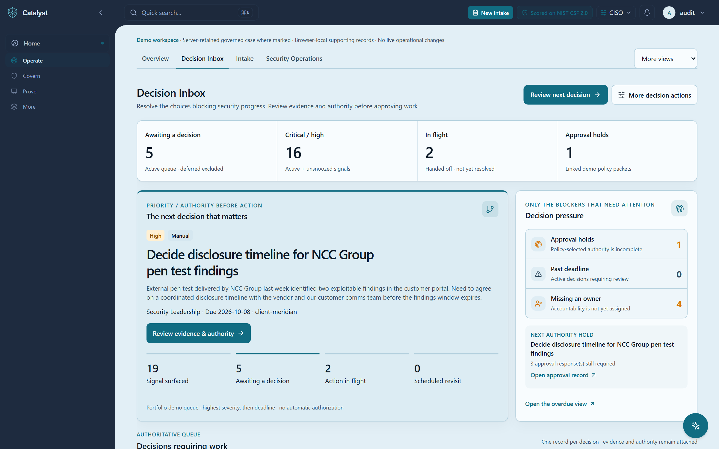 Catalyst Decision Inbox showing evidence, authority, and prioritized action in one operating view